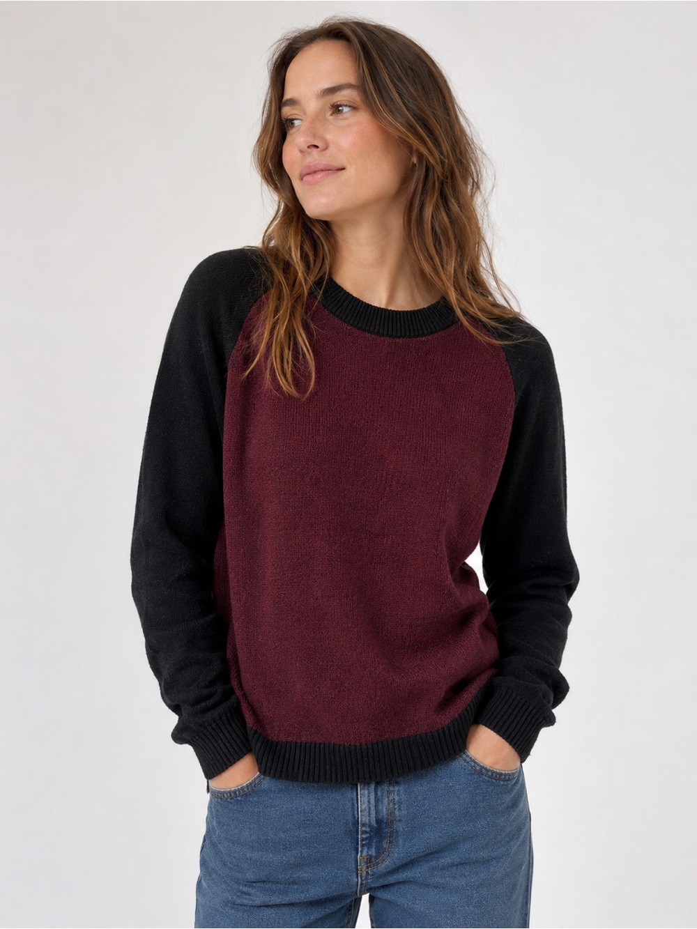 GAP Two-Tone Raglan Crewneck Sweater - Burgundy and Black